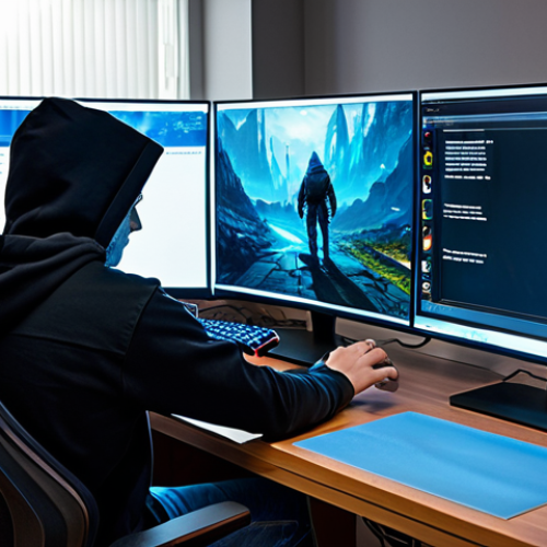 Home 10 A young adult male gamer, fully clothed in a modest hoodie and jeans, intensely focused on a large, high-resolution monitor displaying a vibrant fantasy role-playing game. The screen shows dynamic action with no visible lag, conveying smooth, uninterrupted gameplay. He is seated at a modern gaming desk with a high-end keyboard and mouse, surrounded by subtle, cool LED lighting. The room is tidy and well-lit. Natural pose, perfect anatomy, correct proportions, well-formed hands, proper finger count, natural body proportions. Safe for work, appropriate content, fully clothed, family-friendly, professional photography, high quality.
